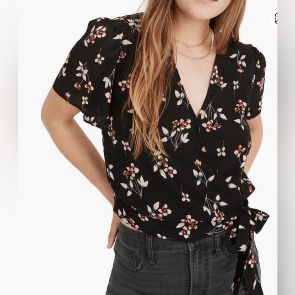 Madewell Black Floral Wrap Top with Tie